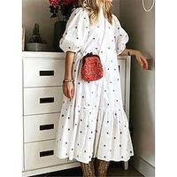 Women's Casual Dress Summer Dress White Geometric Ruffle Print Stand Collar Midi Dress Streetwear Street Holiday Half Sleeve Regular Fit White Khaki Summer S M L XL Lightinthebox