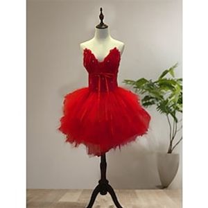 Women's Princess Ballerina Dancer Performance Dancing Dress Tiered Tutu Gown Cute Party Tulle Feather matte red Dress miniinthebox