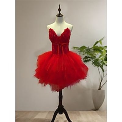 Women's Princess Ballerina Dancer Performance Dancing Dress Tiered Tutu Gown Cute Party Tulle Feather matte red Dress miniinthebox