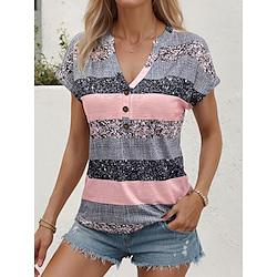 Women's T shirt Tee Striped Sparkly Daily Going out Button Print Pink Short Sleeve Stylish V Neck Summer Lightinthebox