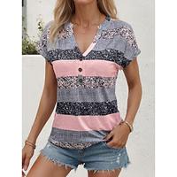 Women's T shirt Tee Striped Sparkly Daily Going out Button Print Pink Short Sleeve Stylish V Neck Summer Lightinthebox - thumbnail