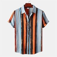 Men's Linen Shirt Shirt Button Up Shirt Summer Shirt Beach Shirt Yellow Orange Khaki Short Sleeve Stripes Lapel Summer Street Hawaiian Clothing Apparel Lightinthebox