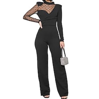 Women's Jumpsuit Mesh Patchwork Polka Dot Crew Neck Casual Daily Holiday Regular Fit Long Sleeve Black S M L Winter Lightinthebox