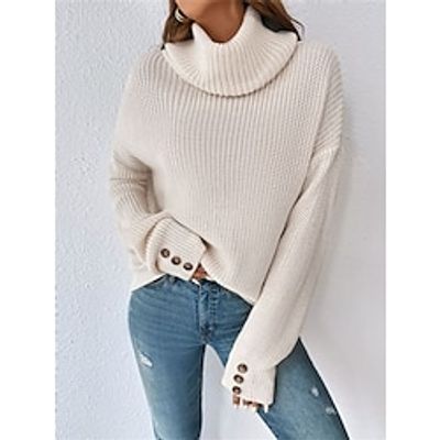 Women's Pullover Sweater Jumper Turtleneck Ribbed Knit Acrylic Oversized Fall Winter Regular Outdoor Daily Going out Stylish Casual Soft Long Sleeve Solid Color Apricot S M L miniinthebox