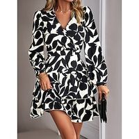 Women's Casual Dress Print Dress SpringDress Floral Print V Neck Puff Sleeve Mini Dress Fashion Streetwear Outdoor Street Long Sleeve Loose Fit Black Blue Brown Spring Fall S M L XL Lightinthebox - thumbnail