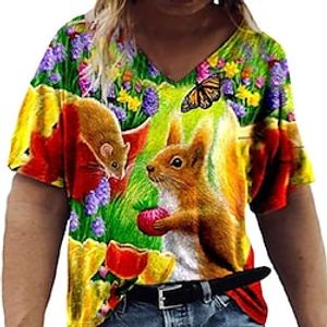 Women's T shirt Tee Black Yellow Red Animal Floral Print Short Sleeve Daily Vacation Streetwear Preppy V Neck Regular Plus Size L miniinthebox