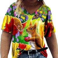 Women's T shirt Tee Black Yellow Red Animal Floral Print Short Sleeve Daily Vacation Streetwear Preppy V Neck Regular Plus Size L miniinthebox - thumbnail