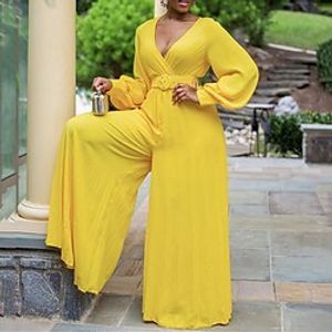 Women's Jumpsuit Solid Color V Neck Streetwear Street Going out Regular Fit Long Sleeve Blue Yellow M L XL Spring miniinthebox
