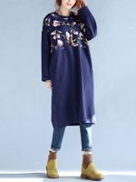 Casual Women Floral Patchwork Long Sleeve O-Neck Loose Long Dress