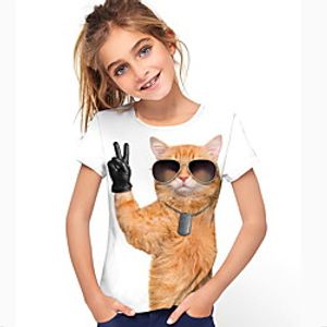 Kids Girls' T shirt Short Sleeve Cat Animal White Children Tops Summer Active Daily Wear Regular Fit 4-12 Years Lightinthebox