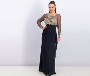 Womens Long-Sleeve Illusion Bodice Gown  Navy/Gold