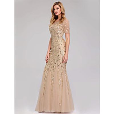 Mermaid / Trumpet Empire Elegant Party Wear Formal Evening Dress Jewel Neck Short Sleeve Floor Length Tulle with Embroidery 2021 / Illusion Sleeve miniinthebox