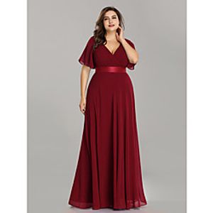 A-Line Mother of the Bride Dress Plus Size Elegant V Neck Floor Length Chiffon Short Sleeve with Sash / Ribbon Ruching 2021 / Petal Sleeve miniinthebox