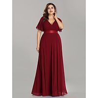 A-Line Mother of the Bride Dress Plus Size Elegant V Neck Floor Length Chiffon Short Sleeve with Sash / Ribbon Ruching 2021 / Petal Sleeve miniinthebox - thumbnail