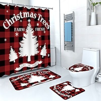 Christmas Trees Shower Curtain Black Red Farmhouse Buffalo Plaid Shower Curtains Sets Wahable Polyester Winter Holiday Bathroom Curtain with Hooks, Christmas Bathroom Mat Lightinthebox