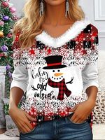 Women's Christmas Snowman Print Long Sleeve V-Neck Top