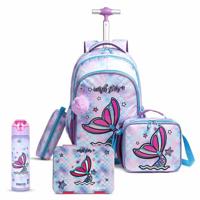 Eazy Kids 18Inch Set Of 5 Trolley School Bag With Bento Lunch Box Stainless Steel 640Ml Water Bottle Lunch Bag And Pencil Case - Mermaid Purple