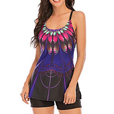 Women's Swimwear Tankini 2 Piece Swimsuit Open Back Print Floral Purple Swimwear Camisole Strap Bathing Suits New Vacation Fashion  Modern Lightinthebox
