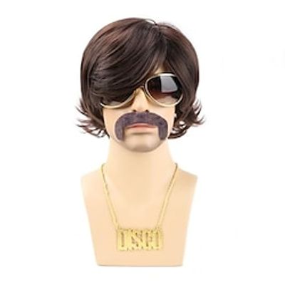 Mens Brown Wigs Short Wavy Shaggy Wig 70s Disco Rocker wigs for Halloween Chrismas Cosplay Party(Only Wig) Lightinthebox