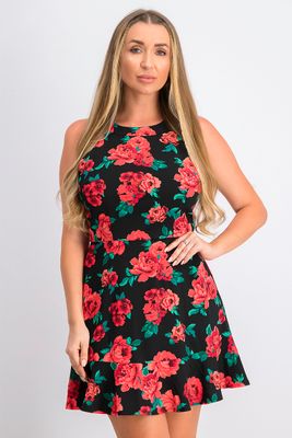 Juniors Sheath Floral Print Flounce Hem Halter Dress Black Combo Juniors Sheath Floral Print Flounce Hem Halter Dress Black Combo