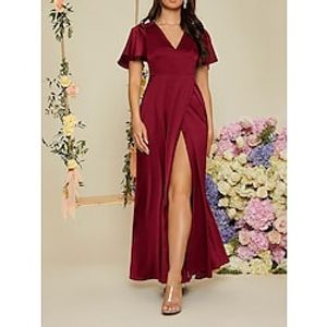 Women's Party Dress Satin Dress Sheath Dress Long Dress Maxi Dress Red Short Sleeve Pure Color Ruched Summer Spring V Neck Party Evening Party Wedding Guest Vacation 2023 S M L XL 2XL Lightinthebox