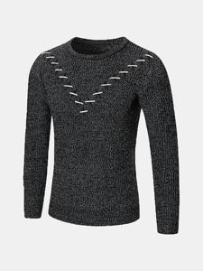 Mens Fall Winter Stylish Tether Design Knitted Round Neck Long Sleeve Casual Sweater