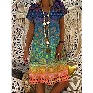 Women's T Shirt Dress Tee Dress Knee Length Dress Blue Yellow khaki Green Short Sleeve Print Spring Summer Casual / Daily 2021 S M L XL XXL XXXL 4XL 5XL miniinthebox