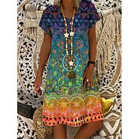 Women's T Shirt Dress Tee Dress Knee Length Dress Blue Yellow khaki Green Short Sleeve Print Spring Summer Casual / Daily 2021 S M L XL XXL XXXL 4XL 5XL miniinthebox - thumbnail