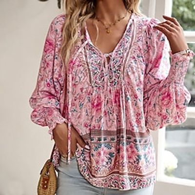 Women's Blouse Pink Royal Blue Blue Ethnic Long Sleeve V Neck Form Fit Bohemian Theme Fall Winter Lightinthebox Women's Blouse Pink Royal Blue Blue Ethnic Long Sleeve V Neck Form Fit Bohemian Theme Fall Winter Lightinthebox
