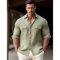 45% Linen Pocket Men's Shirt Linen Shirt Button Up Shirt Beach Shirt Black White Green Long Sleeve Plain Lapel Spring   Fall Outdoor Daily Clothing Apparel Lightinthebox - thumbnail
