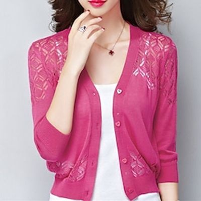 Women's Shrug Knitted Button Pure Color Stylish Elegant Casual 3/4 Length Sleeve Sweater Cardigans V Neck Spring Summer Blue White Black miniinthebox