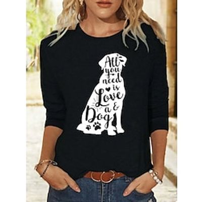 Women's T shirt Tee Black Pink Blue Dog Letter Print Long Sleeve Daily Weekend Fashion Round Neck Regular Fit Painting Spring   Fall Lightinthebox