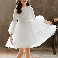 Kids Girls' Cute Solid Colored Mesh Lace Long Sleeve Knee-length Cotton Dress White miniinthebox - thumbnail