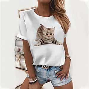 Women's 3D Cat T shirt Cat 3D Animal Print Round Neck Basic Tops Yellow Brown miniinthebox