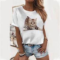 Women's 3D Cat T shirt Cat 3D Animal Print Round Neck Basic Tops Yellow Brown miniinthebox - thumbnail