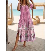 Women's Casual Dress Summer Dress Boho Chic Dresses Floral Split Print V Neck Long Dress Maxi Dress Bohemia Daily Vacation Summer Lightinthebox - thumbnail