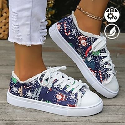 Womens Xmas Merry Christmas Santa Claus Cane Snowflake Christmas Tree Graphic Print Green Lace Up Canvas Flats Shoes Lightinthebox