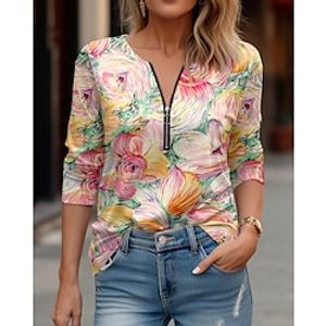 Women's T shirt Tee Red Purple Green Floral Abstract Quarter Zip Print Long Sleeve Daily Weekend Fashion V Neck Regular Fit Floral Abstract Painting Spring   Fall miniinthebox