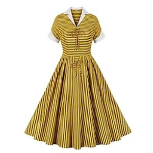 Women's Retro 1950s Vintage Dress Midi Dress Holiday Cocktail Party Lace up Print Striped Lapel Short Sleeve Regular Fit Spring Fall 2023 Yellow S M L XL Lightinthebox
