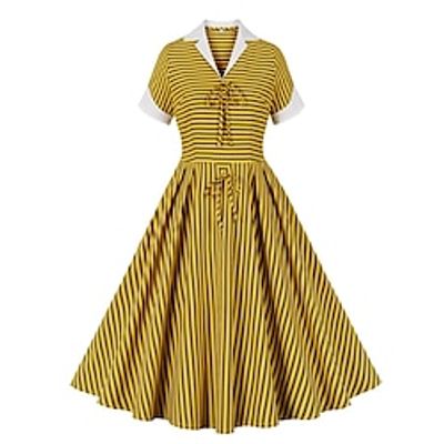 Women's Retro 1950s Vintage Dress Midi Dress Holiday Cocktail Party Lace up Print Striped Lapel Short Sleeve Regular Fit Spring Fall 2023 Yellow S M L XL Lightinthebox