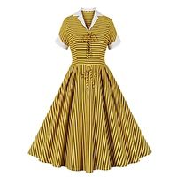 Women's Retro 1950s Vintage Dress Midi Dress Holiday Cocktail Party Lace up Print Striped Lapel Short Sleeve Regular Fit Spring Fall 2023 Yellow S M L XL Lightinthebox - thumbnail