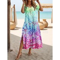 Women's Casual Dress Summer Dress Boho Chic Dresses Floral Graphic Split Print Crew Neck Long Dress Maxi Dress Bohemia Vintage Vacation Beach Short Sleeve Summer Lightinthebox