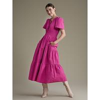 Women's Cotton Burgundy Puffed Sleeve V Neck Maxi Dress Casual Dress - thumbnail