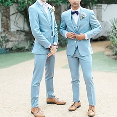 Sky Blue Men's Beach Wedding Suits 3 Piece Solid Colored Tailored Fit Single Breasted Two-buttons 2023 Lightinthebox