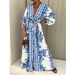 Women's Long Dress Maxi Dress Casual Dress A Line Dress Summer Dress Floral Basic Bohemian Outdoor Daily Holiday Drawstring Split 3/4 Length Sleeve V Neck Dress Regular Fit Blue Beige Spring Summer S miniinthebox