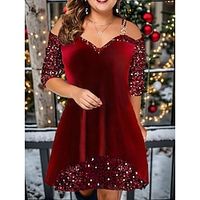 Women's Plus Size Christmas Party Dress Wine Red Velvet Dress Sequin Dress Mini Dress Long Sleeve Pure Color Sequins Spring Fall Winter Spaghetti Strap miniinthebox - thumbnail