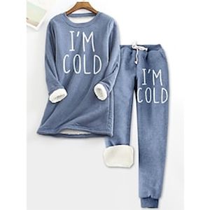 Women's Fleece Pajama Sets Lounge Sets Letter Warm Comfort Soft Home Daily Bed Fleece Warm Breathable Crew Neck Long Sleeve Pullover Pant Elastic Waist Fall Winter Blue miniinthebox