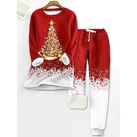Women's Fleece Christmas Pajamas Sets Lounge Sets Trees Warm Comfort Soft Home Christmas Bed Fleece Warm Breathable Crew Neck Long Sleeve Pullover Pant Elastic Waist Fall Winter Wine Lightinthebox - thumbnail
