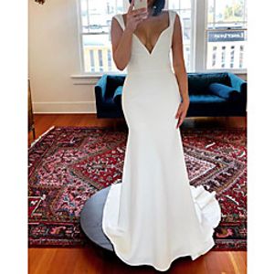 Sheath / Column Wedding Dresses V Neck Sweep / Brush Train Stretch Satin Sleeveless Simple with 2021 miniinthebox