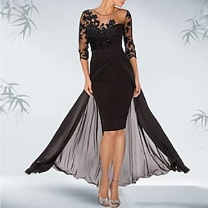 Mermaid  Trumpet Cocktail Dresses Convertible Dress Wedding Guest Tea Length 34 Length Sleeve Jewel Neck Detachable Stretch Fabric with Beading Overskirt Appliques 2023 Lightinthebox